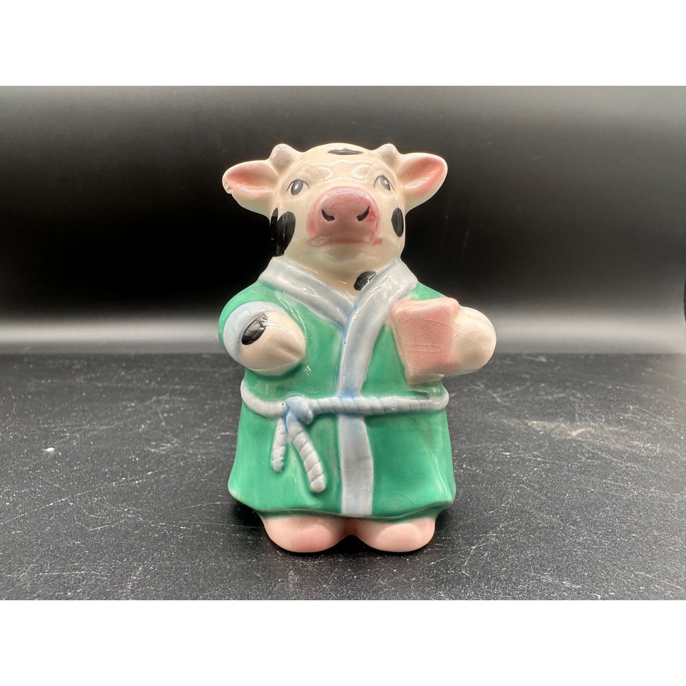 Russ Berrie Cow Bathrobe Salt Shaker Vintage Ceramic Green Robe Coffee Cup